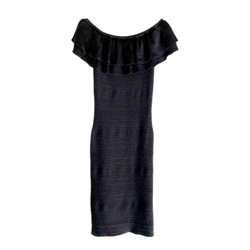 Lucy Paris Black Ruffle Off the Shoulder Textured Woven Bodycon Dress Size S